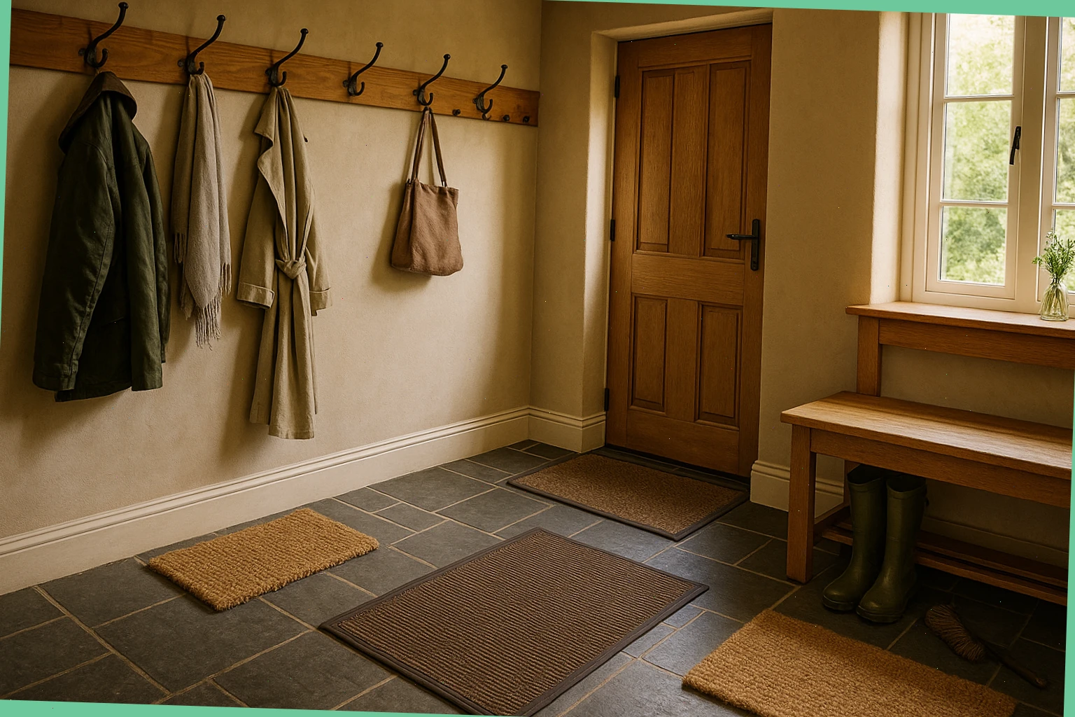 Boot room with mats and hooks arranged for easy tidying