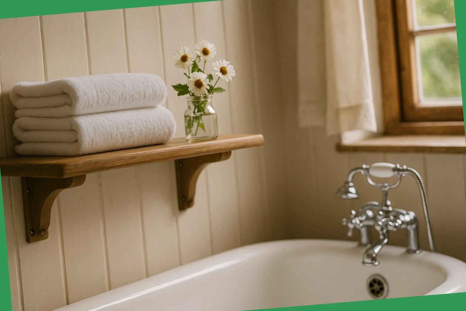Fresh towels and a small flower jar on a country bathroom shelf