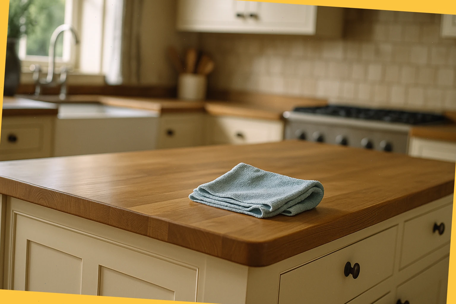 Country kitchen island neatly wiped with a soft cloth